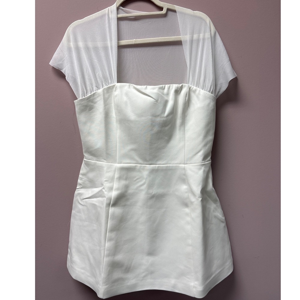 Showpo Neve Mini Dress Off White Sheer Short Sleeve Square Neck Tulip Skirt 10